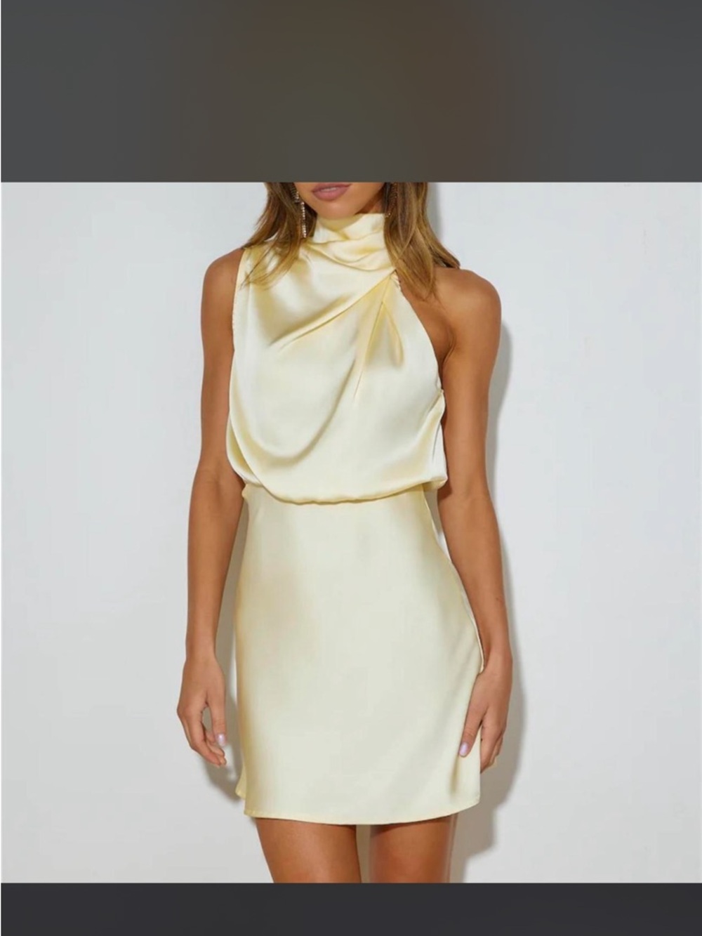 Hello Molly Satin Draped High-Neck Mini Dress in Pale Yellow